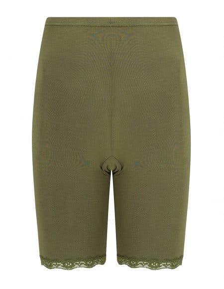 legergroen broekje met elastisch kantje van mooie zijdeachtige kwaliteit, met pijpjes tegen schurende benen